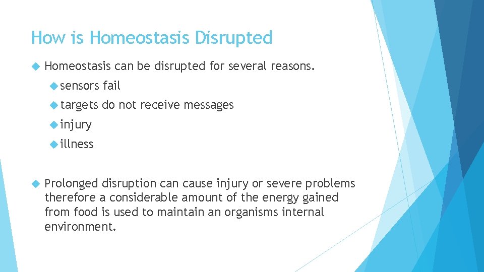 How is Homeostasis Disrupted Homeostasis can be disrupted for several reasons. sensors fail targets How is Homeostasis Disrupted Homeostasis can be disrupted for several reasons. sensors fail targets