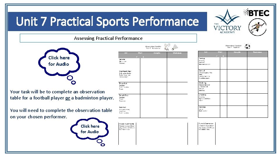 Unit 7 Practical Sports Performance Assessing Practical Performance Click here for Audio Your task