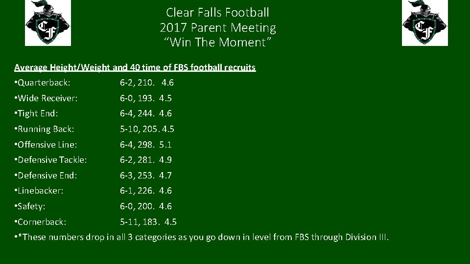 Clear Falls Football 2017 Parent Meeting “Win The Moment” Average Height/Weight and 40 time