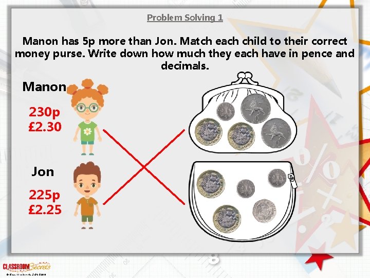 Problem Solving 1 Manon has 5 p more than Jon. Match each child to