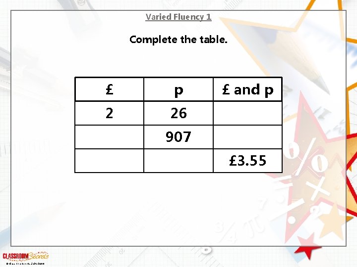 Varied Fluency 1 Complete the table. £ p 2 26 £ and p 907