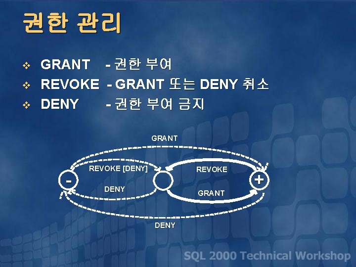 권한 관리 v v v GRANT REVOKE DENY - 권한 부여 - GRANT 또는