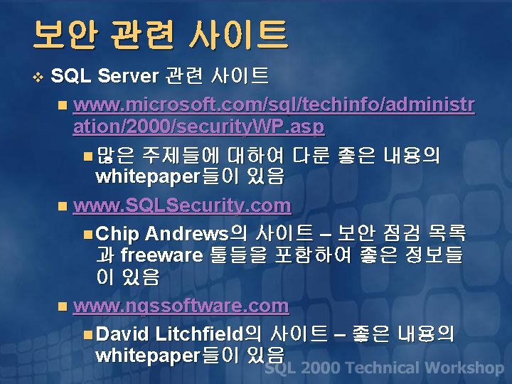 보안 관련 사이트 v SQL Server 관련 사이트 n www. microsoft. com/sql/techinfo/administr ation/2000/security. WP.