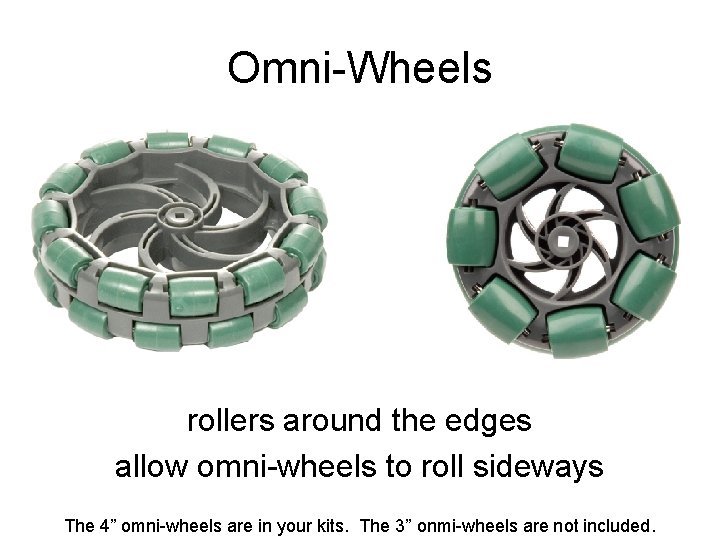 Omni-Wheels rollers around the edges allow omni-wheels to roll sideways The 4” omni-wheels are
