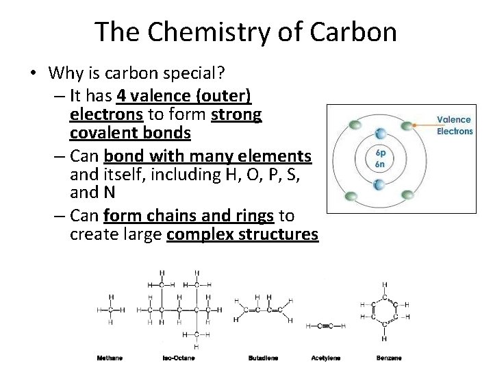 The Chemistry of Carbon • Why is carbon special? – It has 4 valence