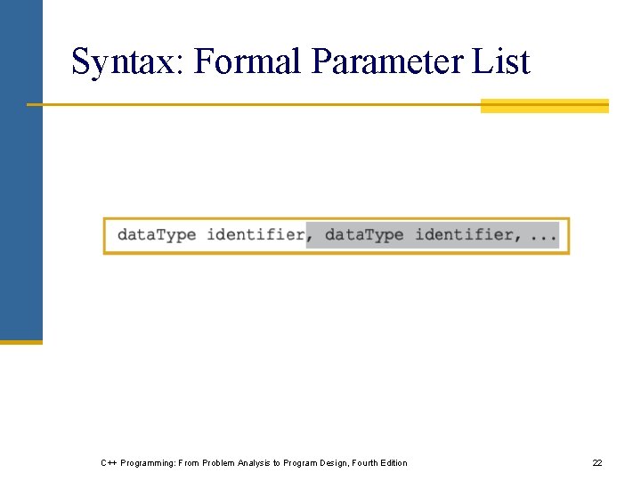 Syntax: Formal Parameter List C++ Programming: From Problem Analysis to Program Design, Fourth Edition Syntax: Formal Parameter List C++ Programming: From Problem Analysis to Program Design, Fourth Edition