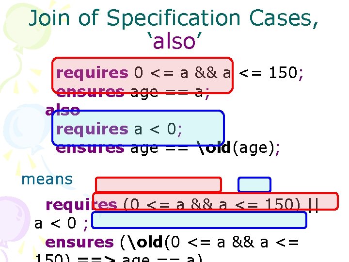 Join of Specification Cases, ‘also’ requires 0 <= a && a <= 150; ensures