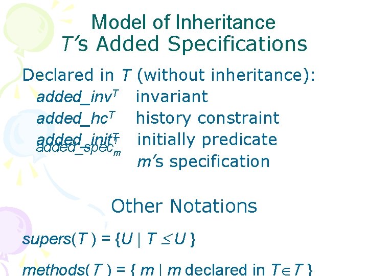 Model of Inheritance T’s Added Specifications Declared in T added_inv. T added_hc. T TT