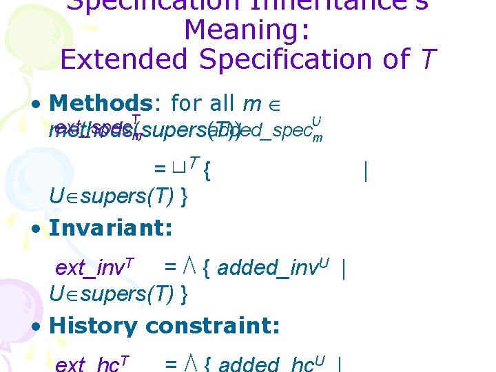 Specification Inheritance’s Meaning: Extended Specification of T • Methods: for all m T U
