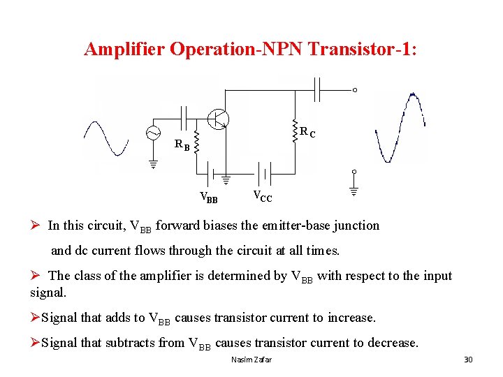 Amplifier Operation-NPN Transistor-1: Ø In this circuit, VBB forward biases the emitter-base junction and
