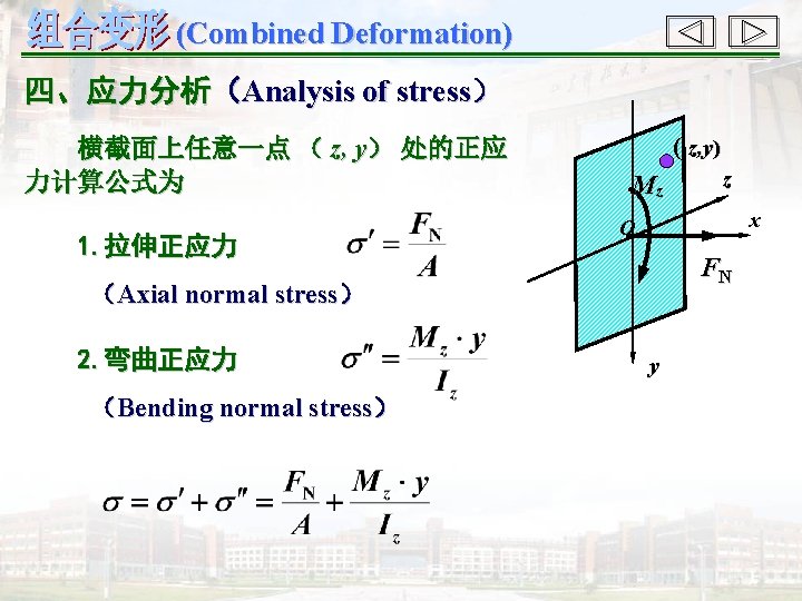 (Combined Deformation) 四、应力分析(Analysis of stress) 横截面上任意一点 ( z, y) 处的正应 力计算公式为 1. 拉伸正应力 ( (Combined Deformation) 四、应力分析(Analysis of stress) 横截面上任意一点 ( z, y) 处的正应 力计算公式为 1. 拉伸正应力 (