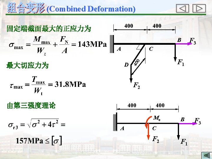 (Combined Deformation) 400 固定端截面最大的正应力为 400 B 最大切应力为 C D F 1 40 0 A