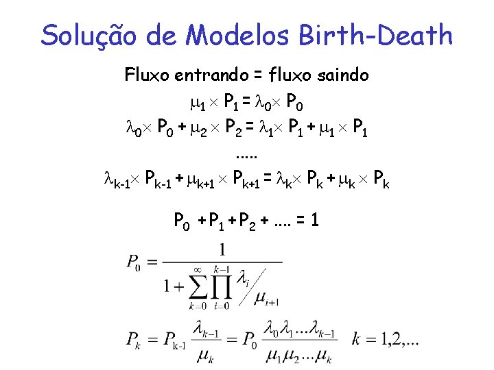 Solução de Modelos Birth-Death Fluxo entrando = fluxo saindo 1 P 1 = 0