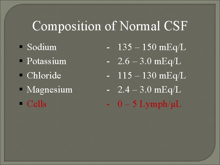 Composition of Normal CSF Sodium Potassium Chloride Magnesium Cells - 135 – 150 m.