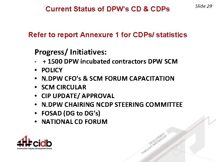 Current Status of DPW’s CD & CDPs Refer to report Annexure 1 for CDPs/