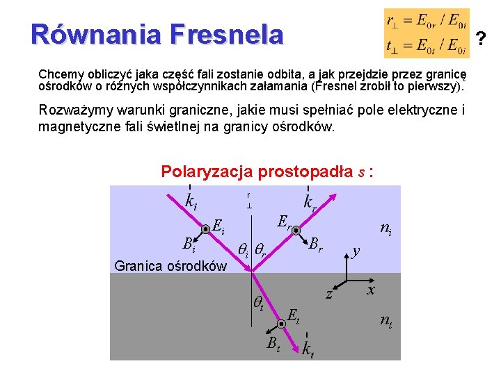 Równania Fresnela ? Chcemy obliczyć jaka część fali zostanie odbita, a jak przejdzie przez