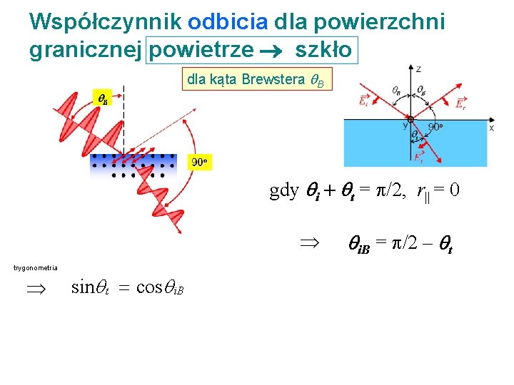 Współczynnik odbicia dla powierzchni granicznej powietrze szkło dla kąta Brewstera B gdy i +