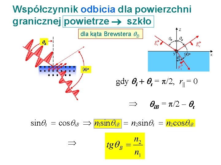 Współczynnik odbicia dla powierzchni granicznej powietrze szkło dla kąta Brewstera B gdy i +