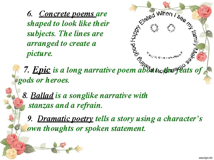 6. Concrete poems are shaped to look like their subjects. The lines are arranged