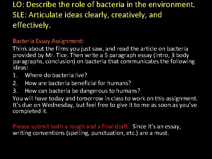 LO: Describe the role of bacteria in the environment. SLE: Articulate ideas clearly, creatively,