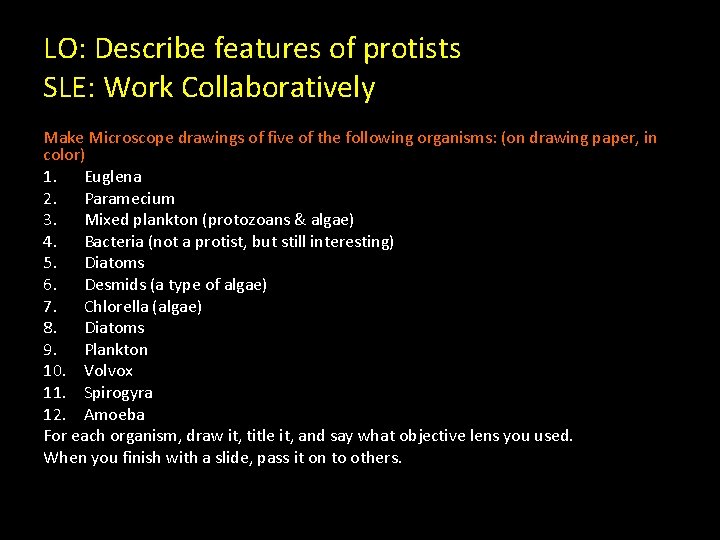 LO: Describe features of protists SLE: Work Collaboratively Make Microscope drawings of five of