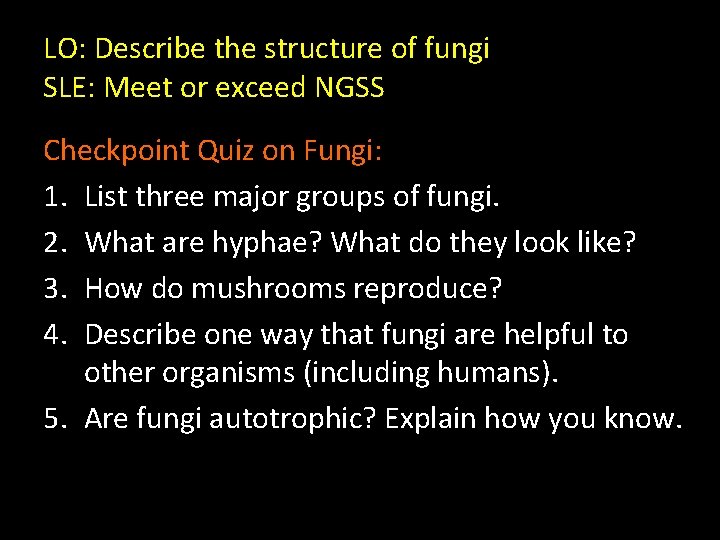 LO: Describe the structure of fungi SLE: Meet or exceed NGSS Checkpoint Quiz on