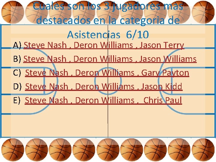 Cuales son los 3 jugadores mas destacados en la categoria de Asistencias 6/10 A)