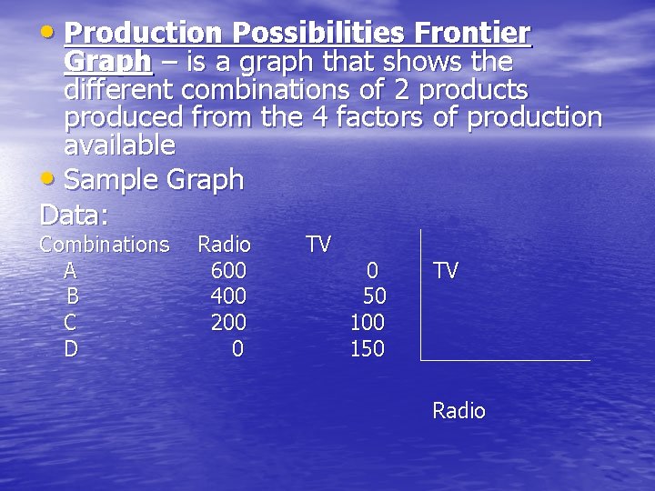 • Production Possibilities Frontier Graph – is a graph that shows the different