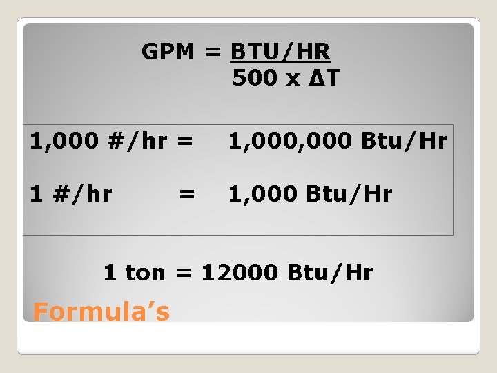 GPM = BTU/HR 500 x ΔT 1, 000 #/hr = 1, 000 Btu/Hr 1