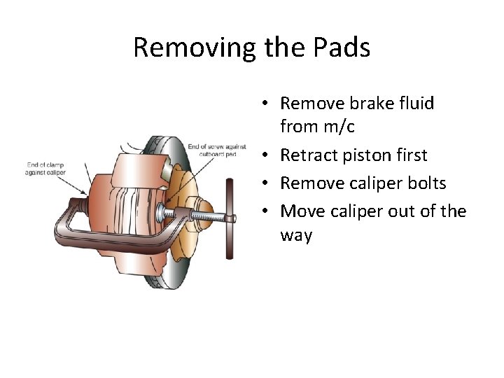 Removing the Pads • Remove brake fluid from m/c • Retract piston first •