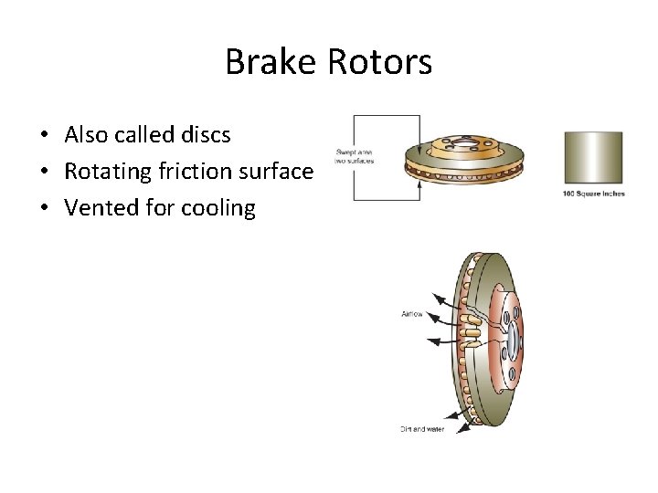 Brake Rotors • Also called discs • Rotating friction surface • Vented for cooling