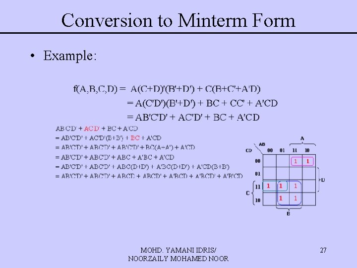 Conversion to Minterm Form • Example: MOHD. YAMANI IDRIS/ NOORZAILY MOHAMED NOOR 27 Conversion to Minterm Form • Example: MOHD. YAMANI IDRIS/ NOORZAILY MOHAMED NOOR 27