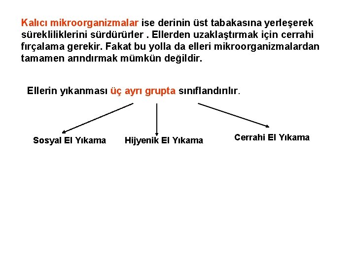 Kalıcı mikroorganizmalar ise derinin üst tabakasına yerleşerek sürekliliklerini sürdürürler. Ellerden uzaklaştırmak için cerrahi fırçalama