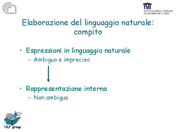 Elaborazione del linguaggio naturale: compito • Espressioni in linguaggio naturale – Ambiguo e impreciso