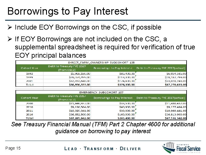 Borrowings to Pay Interest Ø Include EOY Borrowings on the CSC, if possible Ø