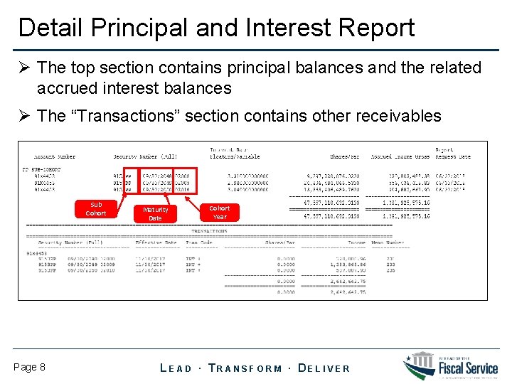 Detail Principal and Interest Report Ø The top section contains principal balances and the