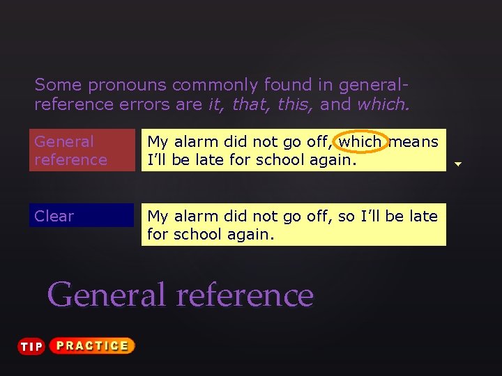 Some pronouns commonly found in generalreference errors are it, that, this, and which. General