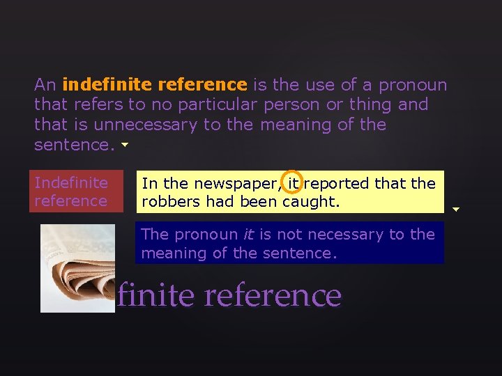 An indefinite reference is the use of a pronoun that refers to no particular