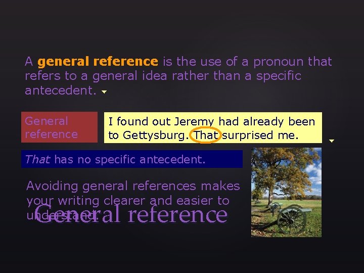 A general reference is the use of a pronoun that refers to a general