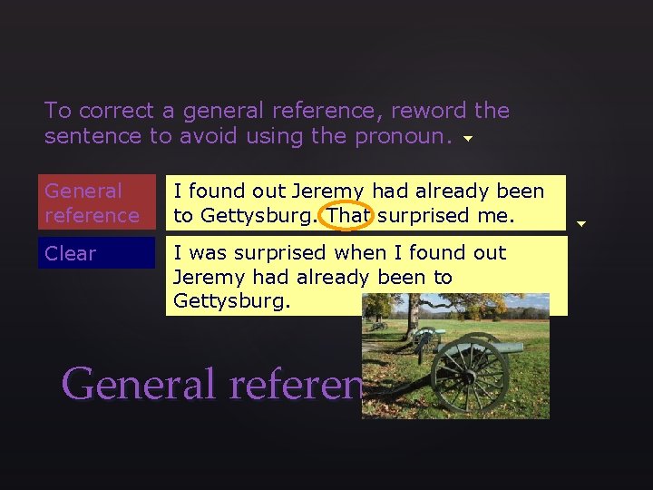 To correct a general reference, reword the sentence to avoid using the pronoun. General