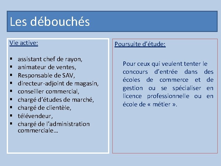 Les débouchés Vie active: § § § § § assistant chef de rayon, animateur