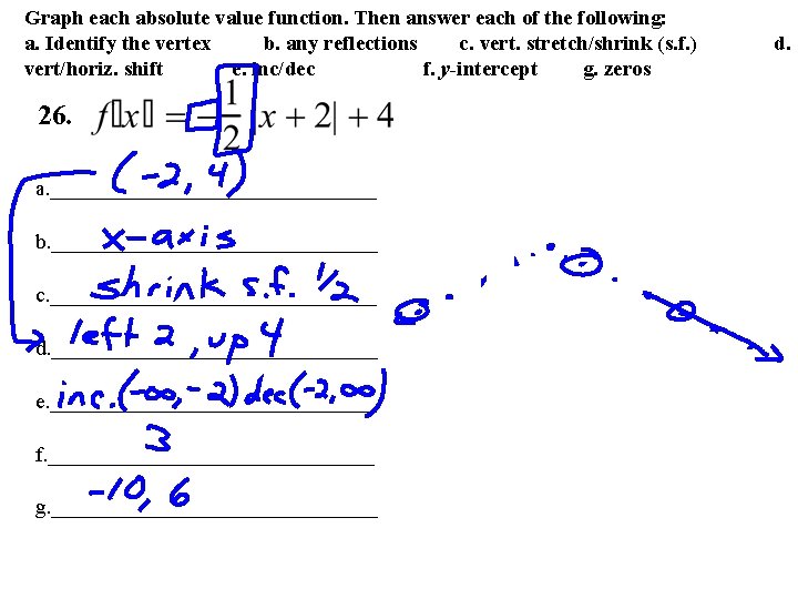 Graph each absolute value function. Then answer each of the following: a. Identify the