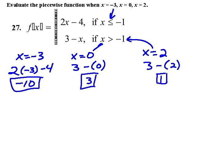 Evaluate the piecewise function when x = -3, x = 0, x = 2.