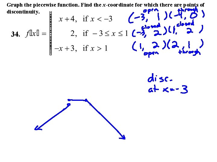 Graph the piecewise function. Find the x-coordinate for which there are points of discontinuity.