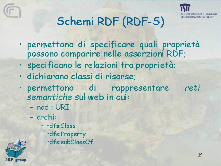 Schemi RDF (RDF-S) • permettono di specificare quali proprietà possono comparire nelle asserzioni RDF;