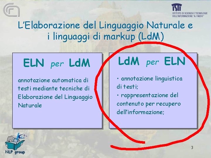 L’Elaborazione del Linguaggio Naturale e i linguaggi di markup (Ld. M) ELN per Ld.