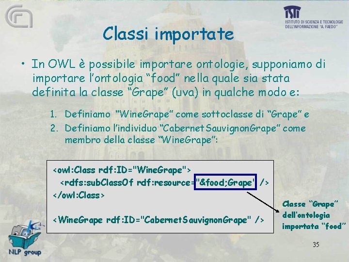 Classi importate • In OWL è possibile importare ontologie, supponiamo di importare l’ontologia “food”