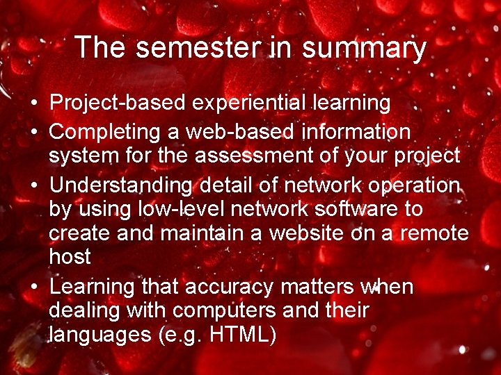 The semester in summary • Project-based experiential learning • Completing a web-based information system