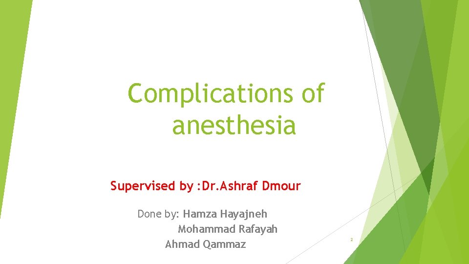 Complications of anesthesia Supervised by : Dr. Ashraf Dmour Done by: Hamza Hayajneh Mohammad