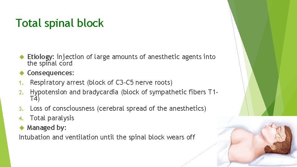 Total spinal block Etiology: injection of large amounts of anesthetic agents into the spinal